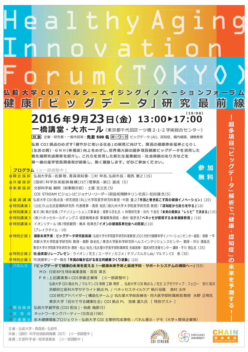 弘前大学coiヘルシーエイジングイノベーションフォーラム16 開催のお知らせ 9月23日開催 弘前大学