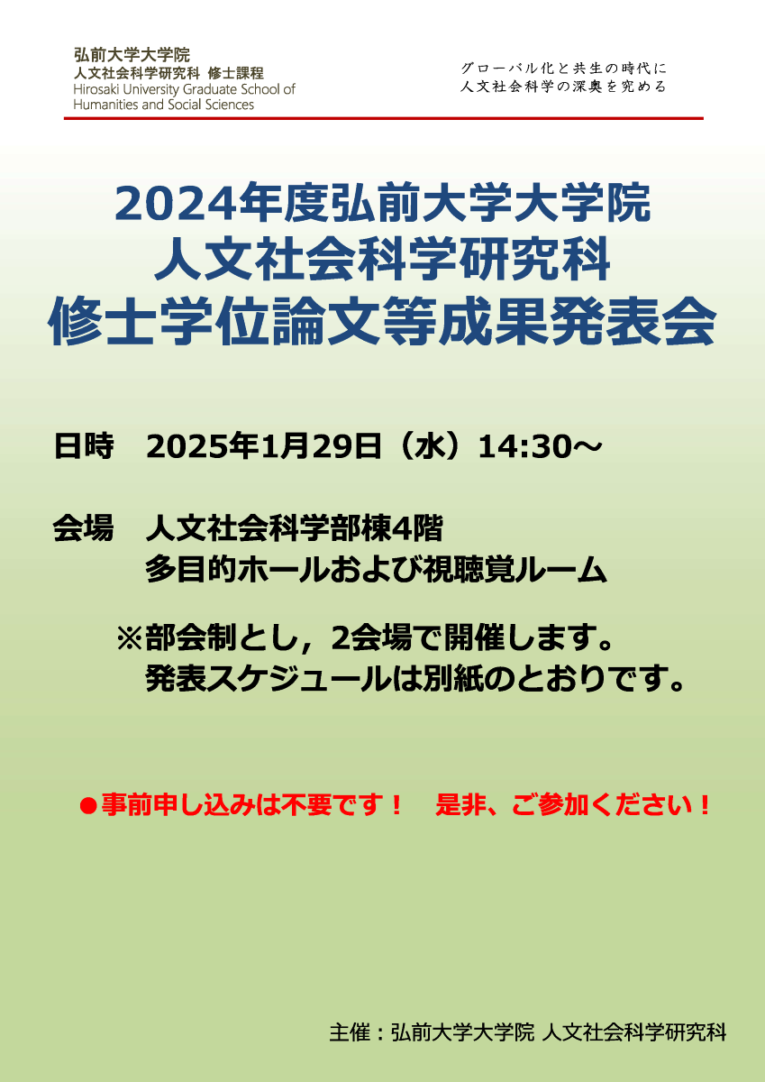 2024年度後期 弘前大学大学院人文社会科学研究科 修士学位論文等成果