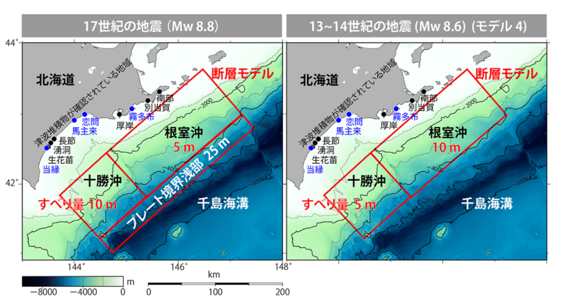 図2　17世紀（左）と13～14世紀（右）に発生した地震の断層モデル（赤色の四角）。青丸は本研究・黒丸は先行研究より、津波堆積物が確認されている地域。※原論文の図を引用・改変したものを使用しています。