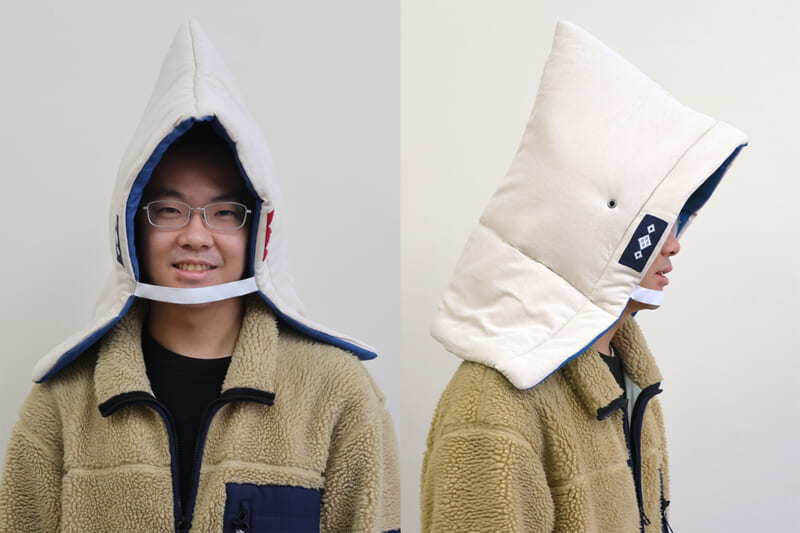 ②試作した防災頭巾を着用した様子